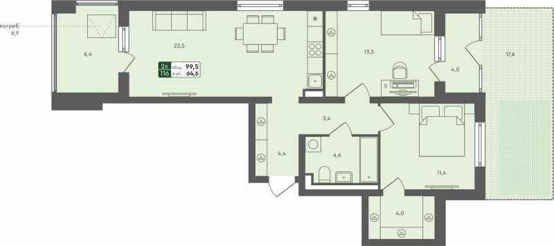 Планировка 2-комн. квартира, 99.5 м² — ЖК «Ритмы»