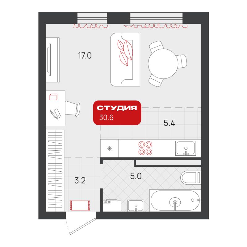 Планировка Студия, 30.6 м² — ЖК «Родные кварталы»