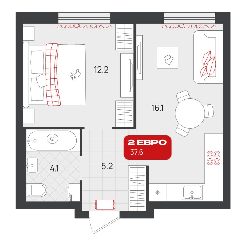 Планировка 1-комн. квартира, 37.6 м² — ЖК «Родные кварталы»
