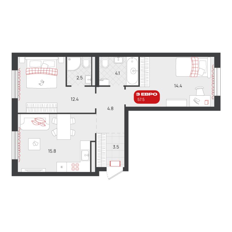 Планировка 2-комн. квартира, 57.5 м² — ЖК «Родные кварталы»
