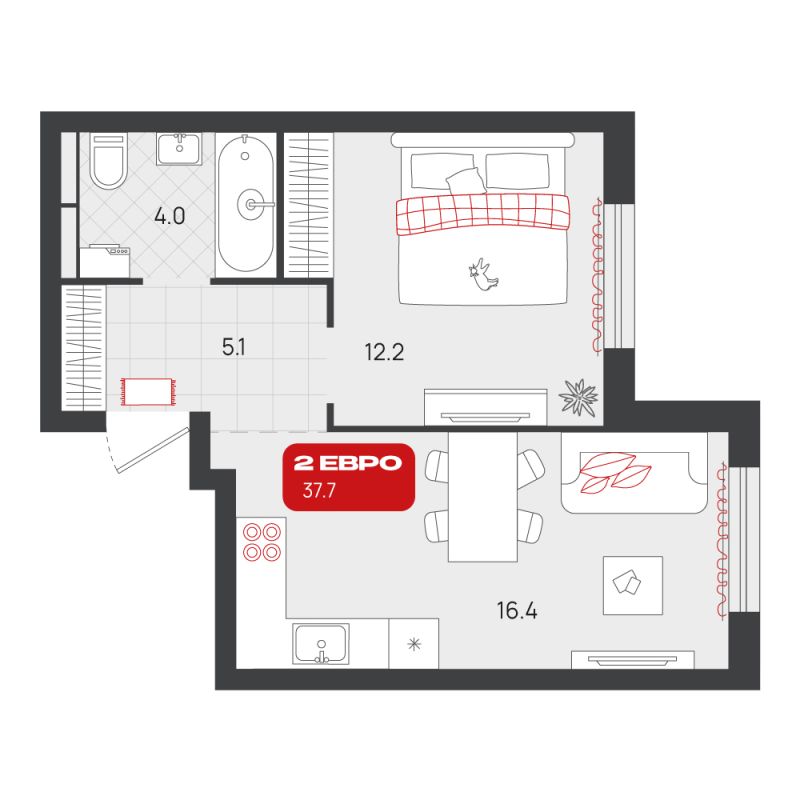 Планировка 1-комн. квартира, 37.7 м² — ЖК «Родные кварталы»