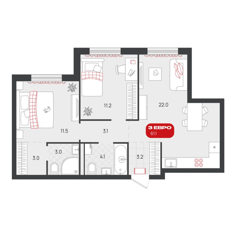 Планировка 2-комн. квартира, 61.1 м² — ЖК «Родные кварталы»