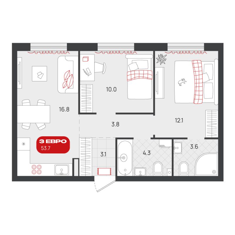 Планировка 2-комн. квартира, 53.7 м² — ЖК «Родные кварталы»