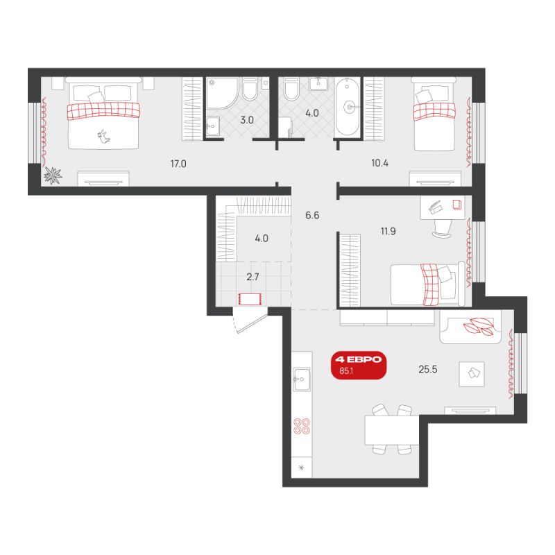 Планировка 3-комн. квартира, 85.1 м² — ЖК «Родные кварталы»