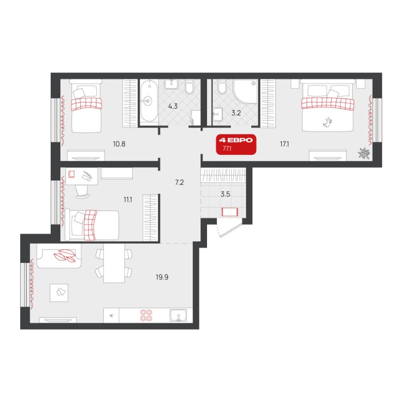 Планировка 3-комн. квартира, 77.1 м² — ЖК «Родные кварталы»