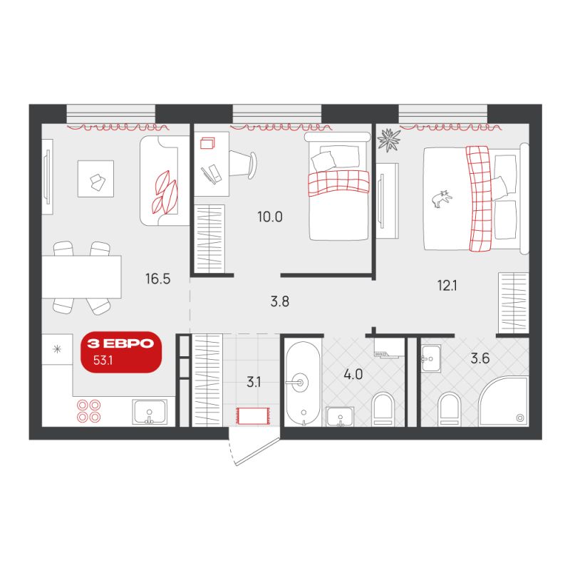 Планировка 2-комн. квартира, 53.1 м² — ЖК «Родные кварталы»