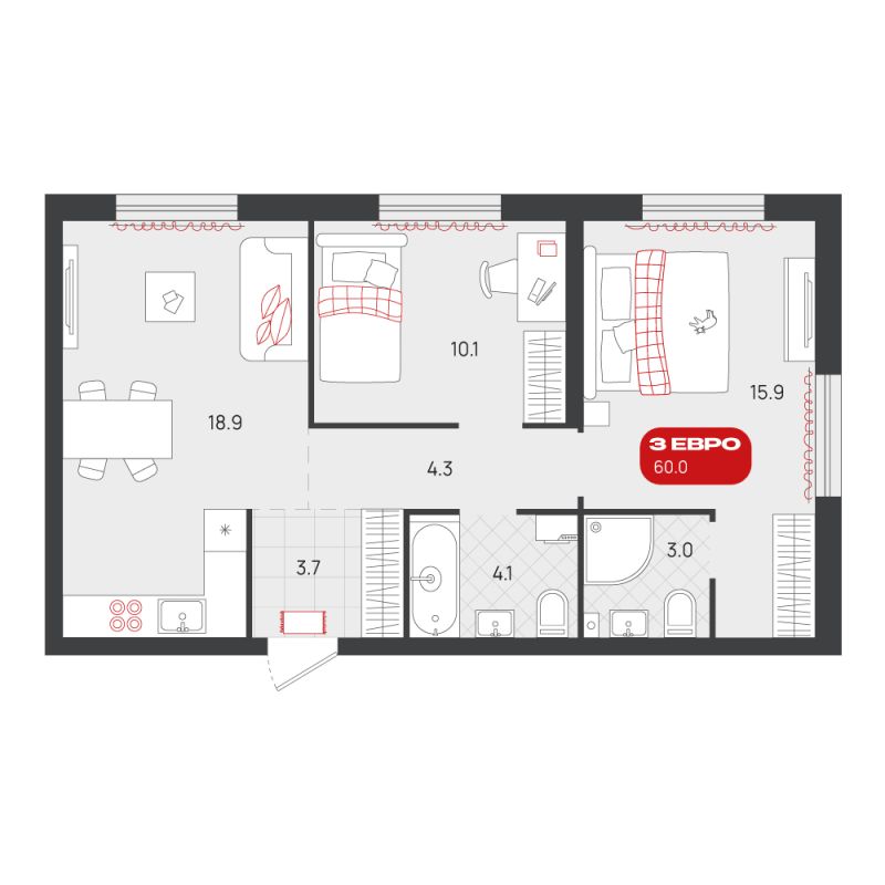 Планировка 2-комн. квартира, 60 м² — ЖК «Родные кварталы»