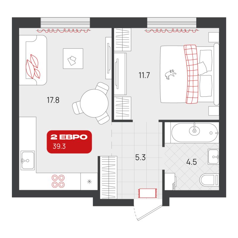 Планировка 1-комн. квартира, 39.3 м² — ЖК «Родные кварталы»