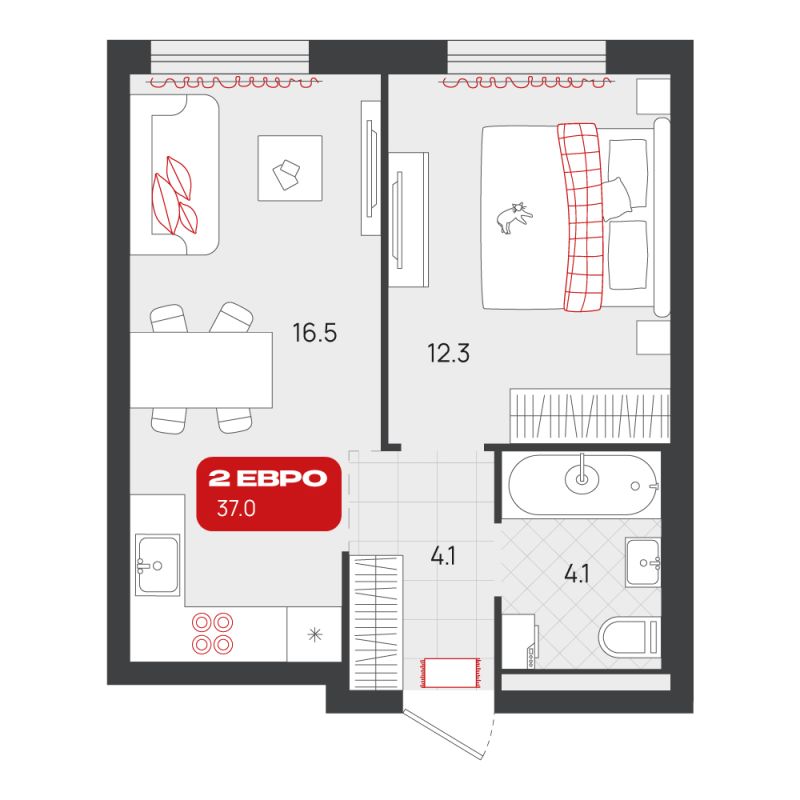 Планировка 1-комн. квартира, 37 м² — ЖК «Родные кварталы»