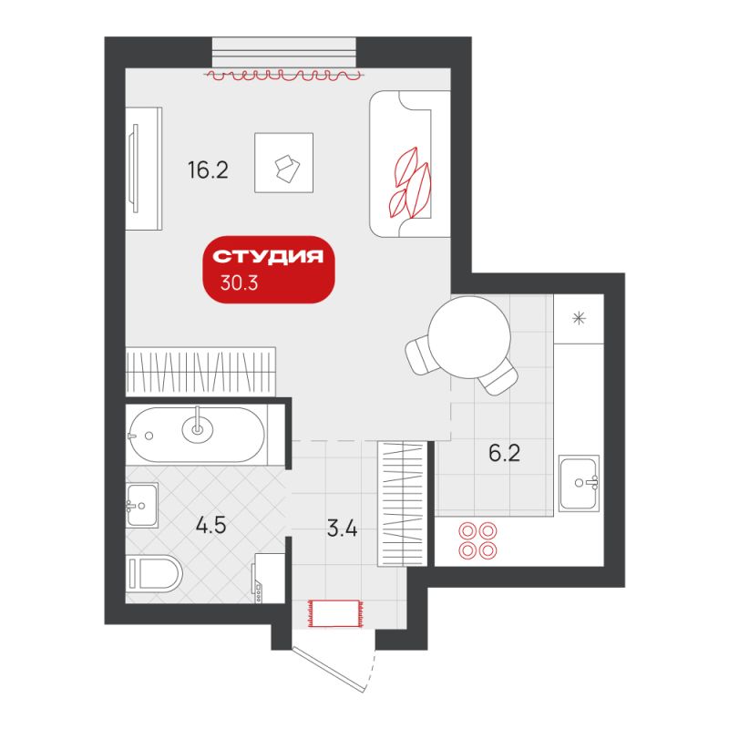 Планировка Студия, 30.3 м² — ЖК «Родные кварталы»