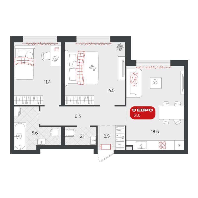 Планировка 2-комн. квартира, 61 м² — ЖК «Родные кварталы»