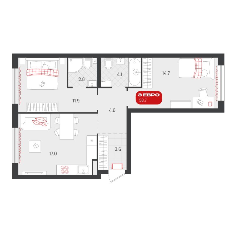 Планировка 2-комн. квартира, 58.7 м² — ЖК «Родные кварталы»