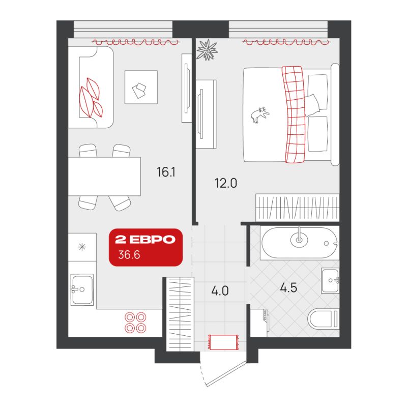 Планировка 1-комн. квартира, 36.6 м² — ЖК «Родные кварталы»