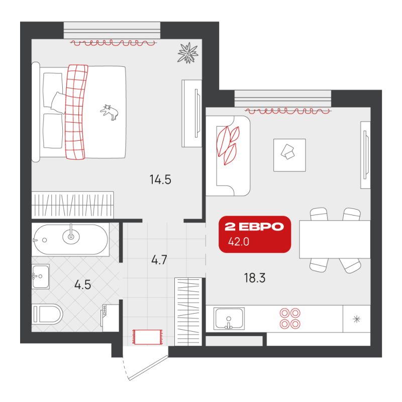 Планировка 1-комн. квартира, 42 м² — ЖК «Родные кварталы»