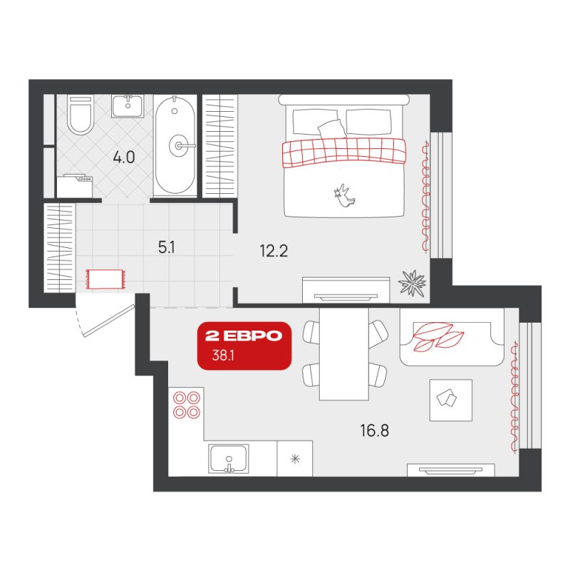 Планировка 1-комн. квартира, 38.1 м² — ЖК «Родные кварталы»