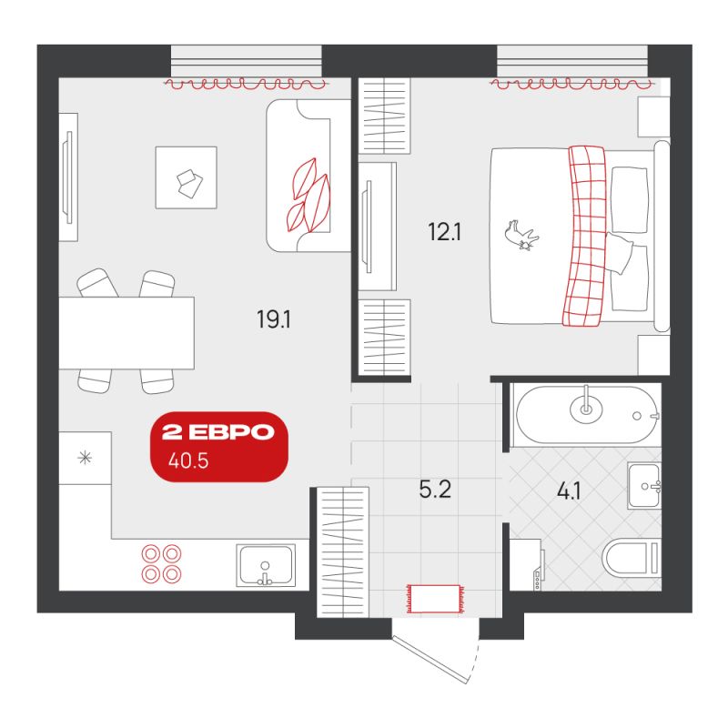 Планировка 1-комн. квартира, 40.5 м² — ЖК «Родные кварталы»