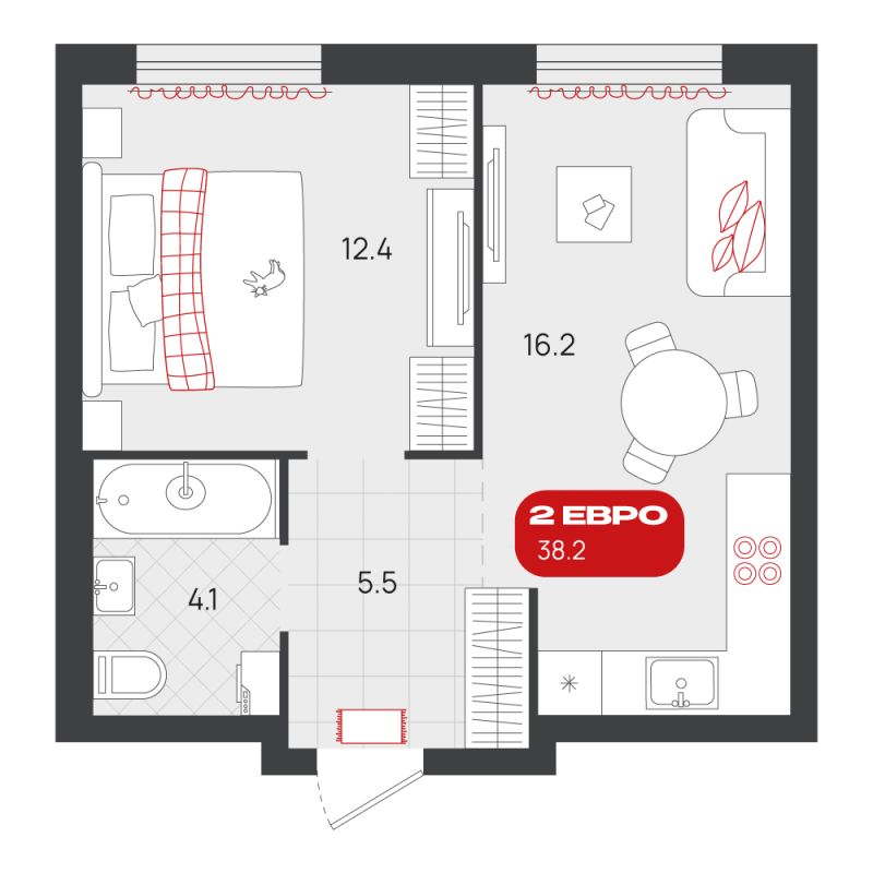 Планировка 1-комн. квартира, 38.2 м² — ЖК «Родные кварталы»