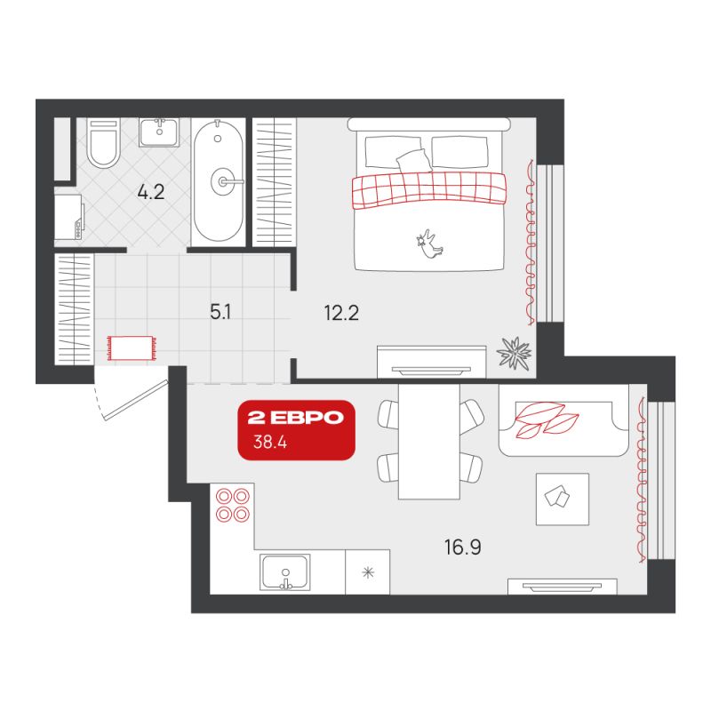 Планировка 1-комн. квартира, 38.4 м² — ЖК «Родные кварталы»