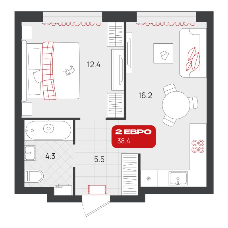 Планировка 1-комн. квартира, 38.4 м² — ЖК «Родные кварталы»