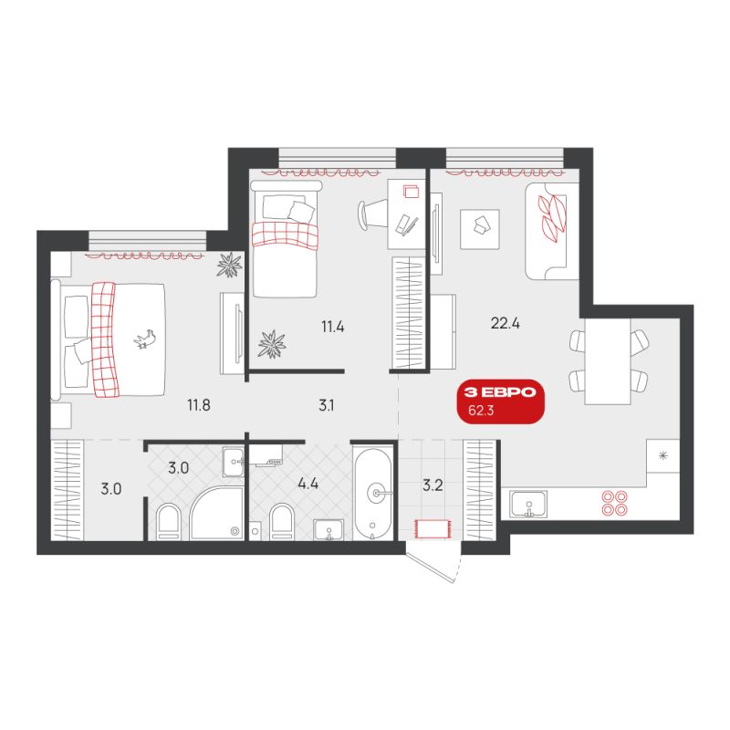 Планировка 2-комн. квартира, 62.3 м² — ЖК «Родные кварталы»