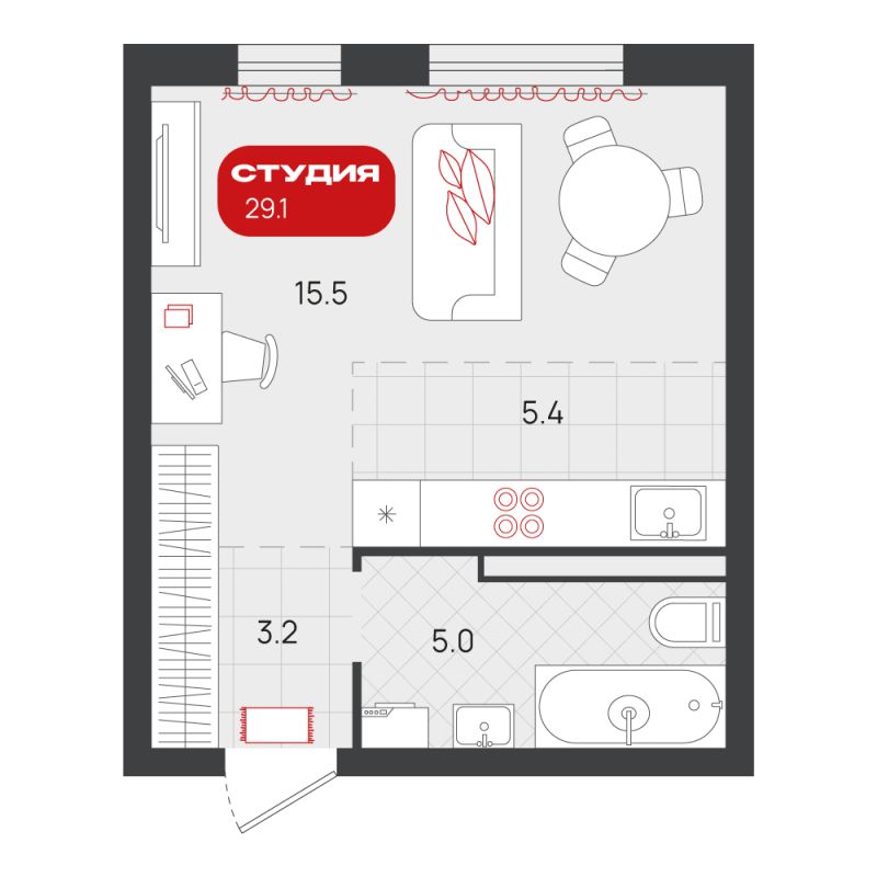 Планировка Студия, 29.1 м² — ЖК «Родные кварталы»