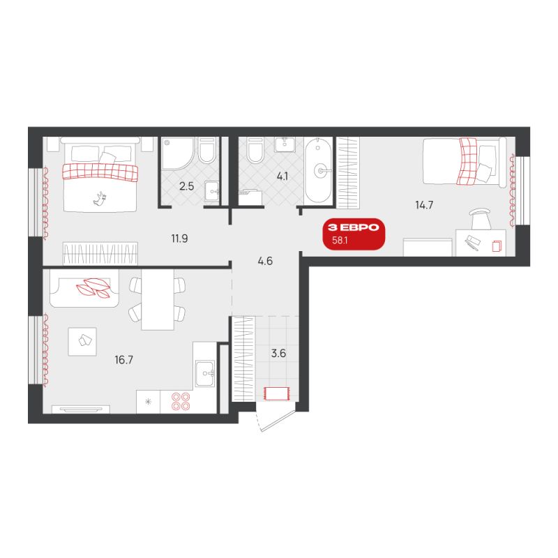 Планировка 2-комн. квартира, 58.1 м² — ЖК «Родные кварталы»