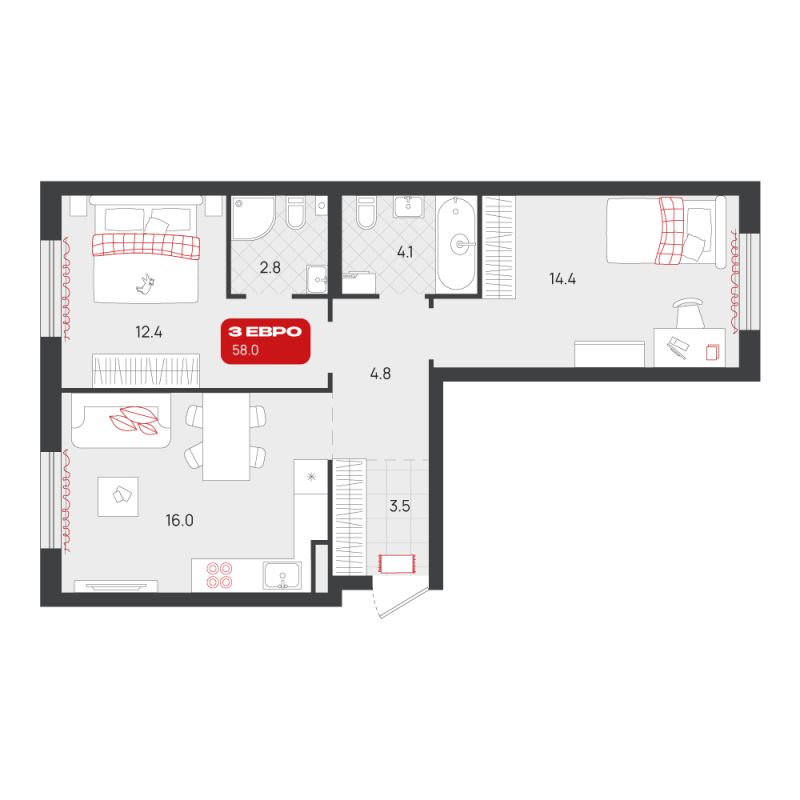 Планировка 2-комн. квартира, 58 м² — ЖК «Родные кварталы»