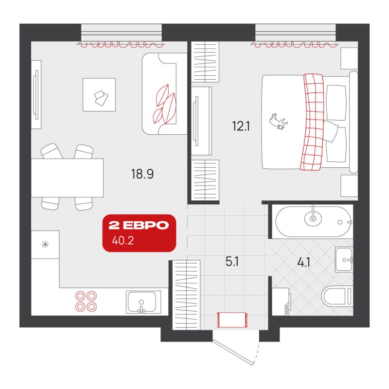 Планировка 1-комн. квартира, 40.2 м² — ЖК «Родные кварталы»