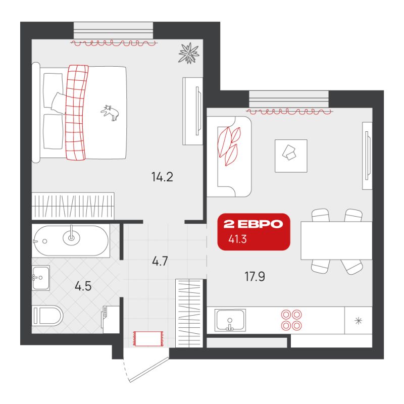 Планировка 1-комн. квартира, 41.3 м² — ЖК «Родные кварталы»