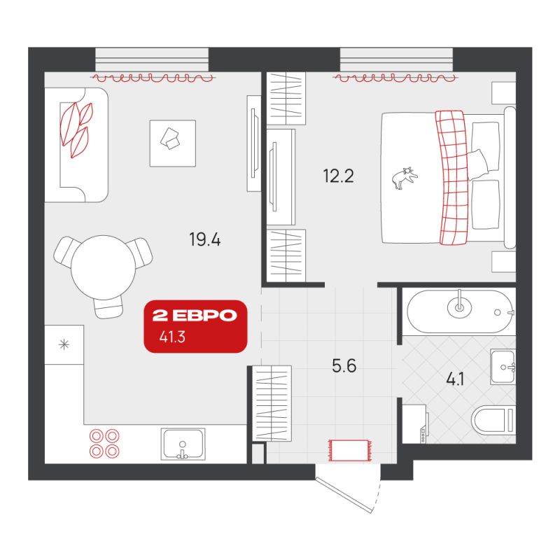 Планировка 1-комн. квартира, 41.3 м² — ЖК «Родные кварталы»