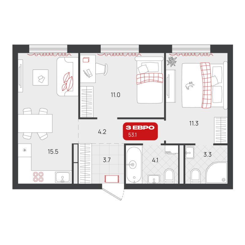 Планировка 2-комн. квартира, 53.1 м² — ЖК «Родные кварталы»
