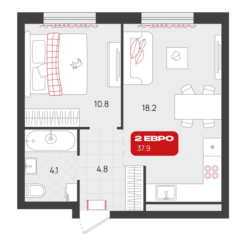 Планировка 1-комн. квартира, 37.9 м² — ЖК «Родные кварталы»