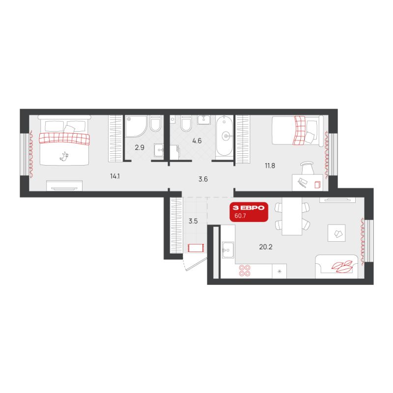 Планировка 2-комн. квартира, 60.7 м² — ЖК «Родные кварталы»