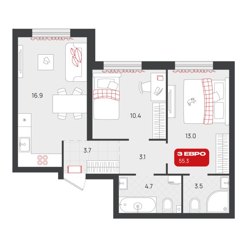 Планировка 2-комн. квартира, 55.3 м² — ЖК «Родные кварталы»