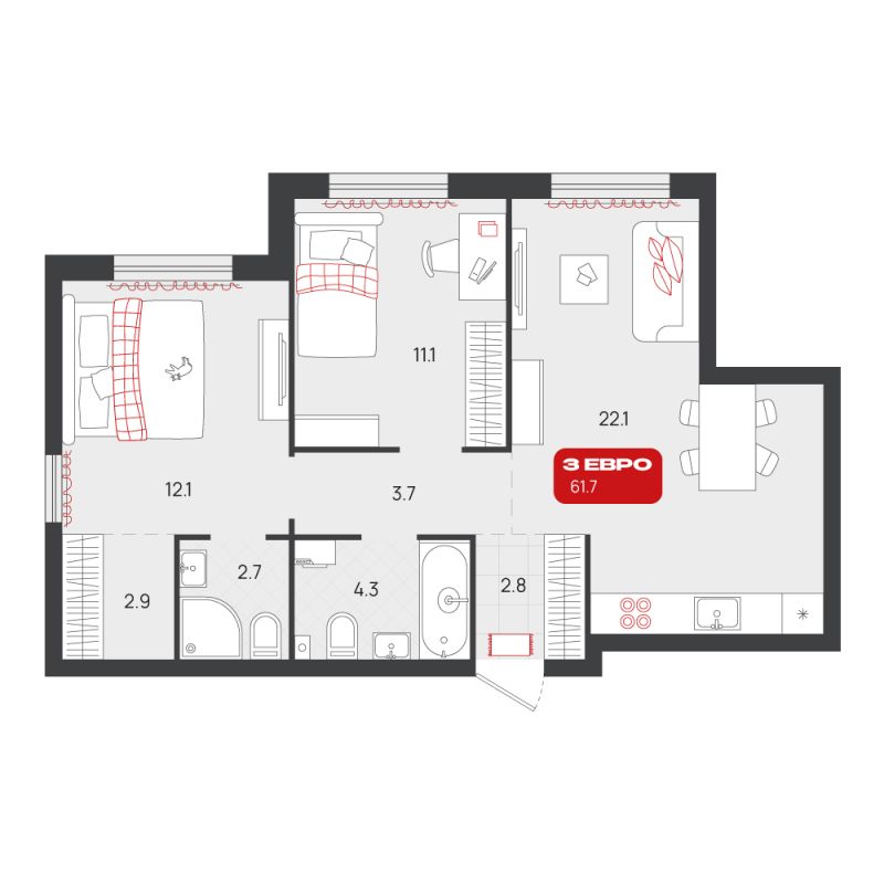 Планировка 2-комн. квартира, 61.7 м² — ЖК «Родные кварталы»