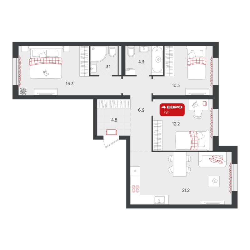 Планировка 3-комн. квартира, 79.1 м² — ЖК «Родные кварталы»
