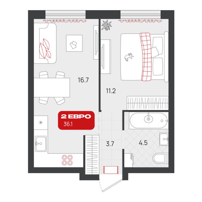 Планировка 1-комн. квартира, 36.1 м² — ЖК «Родные кварталы»