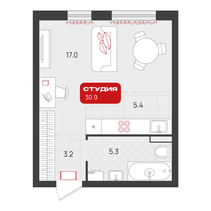 Планировка Студия, 30.9 м² — ЖК «Родные кварталы»