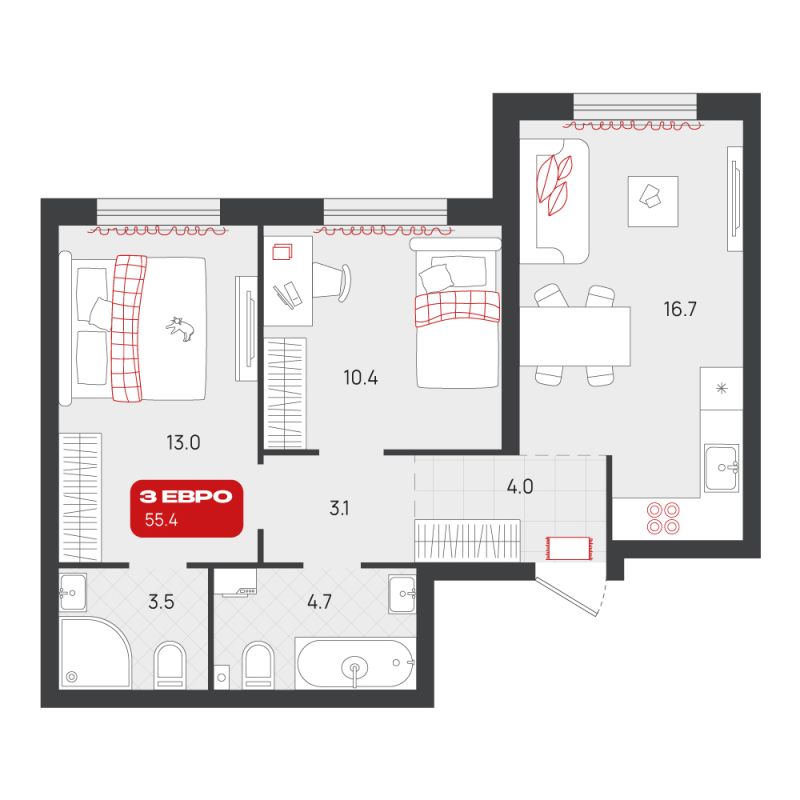 Планировка 2-комн. квартира, 55.4 м² — ЖК «Родные кварталы»