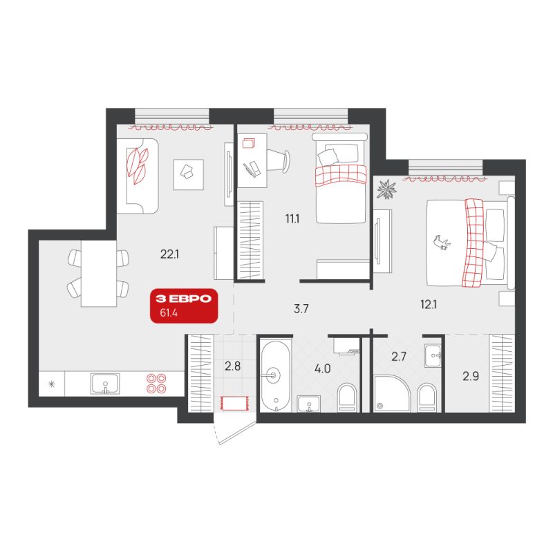 Планировка 2-комн. квартира, 61.4 м² — ЖК «Родные кварталы»