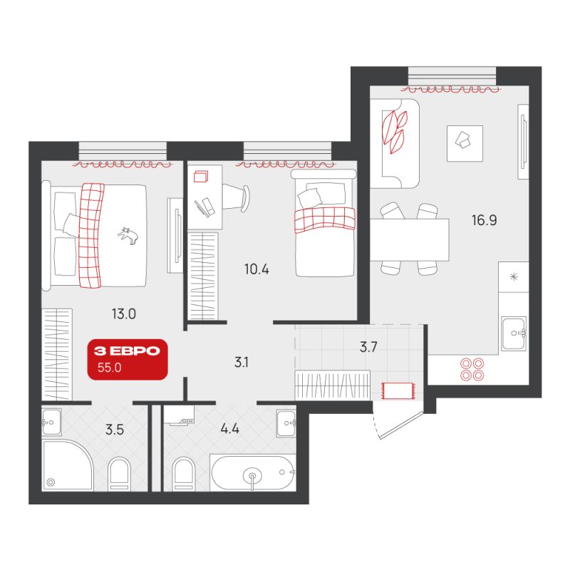 Планировка 2-комн. квартира, 55 м² — ЖК «Родные кварталы»