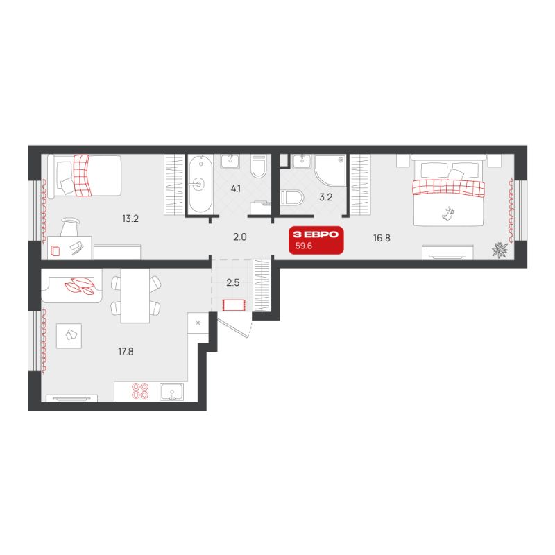 Планировка 2-комн. квартира, 59.6 м² — ЖК «Родные кварталы»