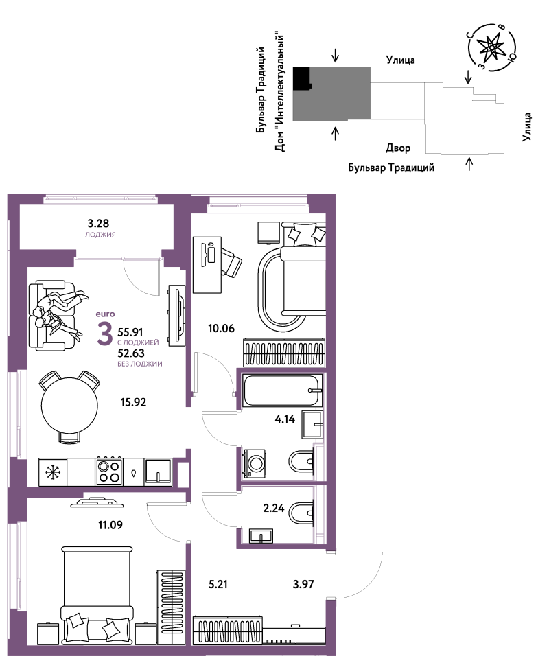 Планировка 3-комн. квартира, 55.9 м² — ЖК «Домашний»