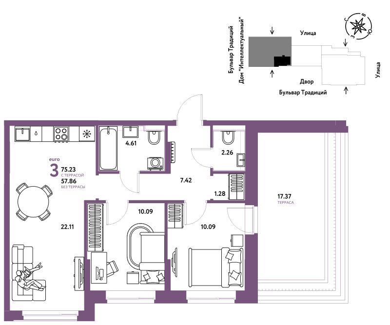 Планировка 3-комн. квартира, 75.2 м² — ЖК «Домашний»