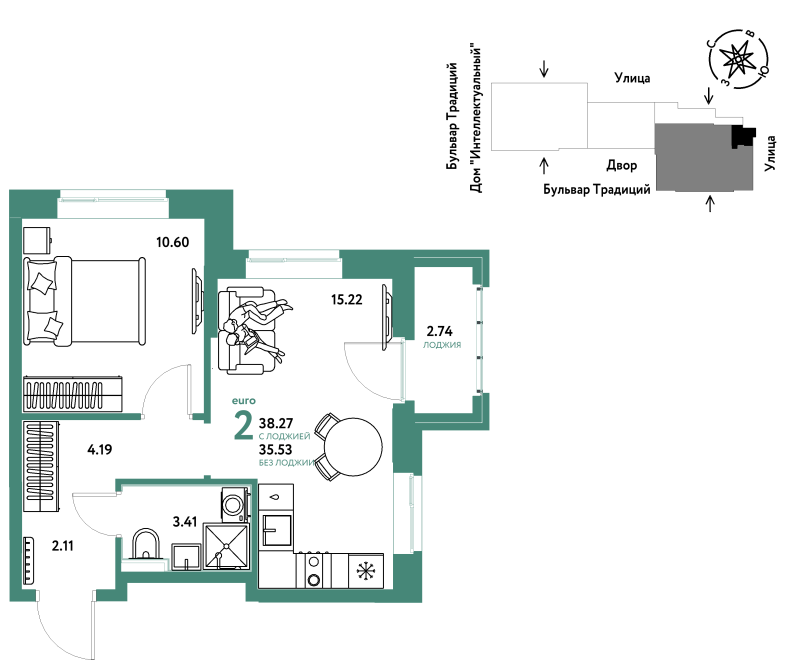 Планировка 2-комн. квартира, 38.3 м² — ЖК «Домашний»