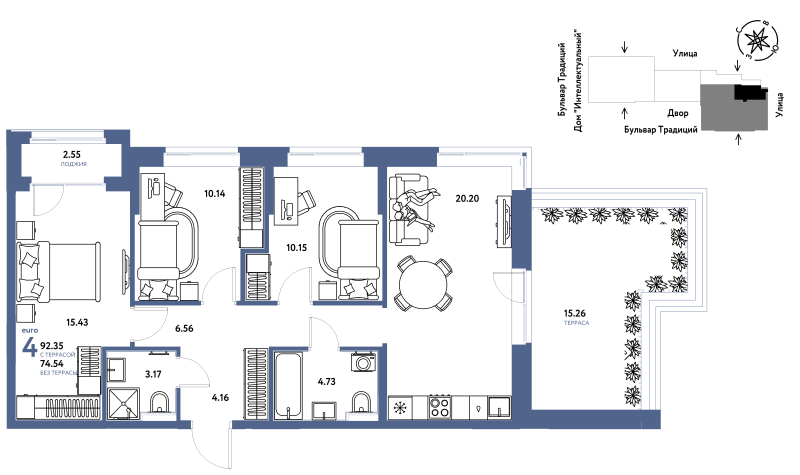 Планировка 4-комн. квартира, 92.3 м² — ЖК «Домашний»