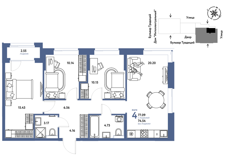 Планировка 4-комн. квартира, 77.1 м² — ЖК «Домашний»