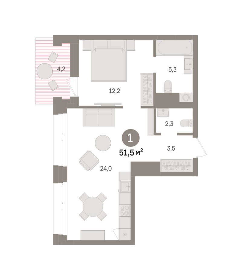 Планировка 1-комн. квартира, 51.5 м² — ЖК «Дом у озера»