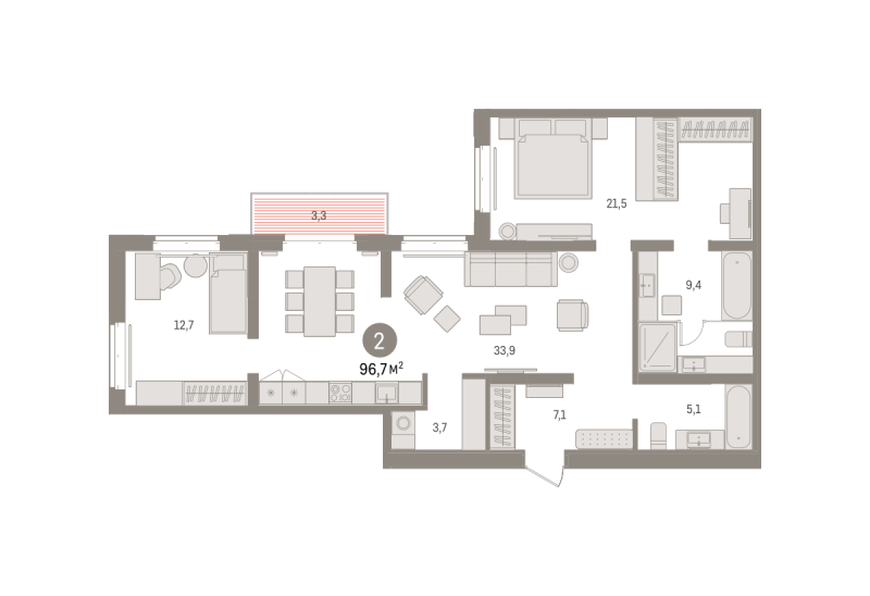 Планировка 2-комн. квартира, 96.7 м² — ЖК «Кварталы «На Минской»»