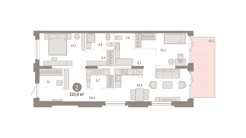 Планировка 2-комн. квартира, 110 м² — ЖК «Республики 205»